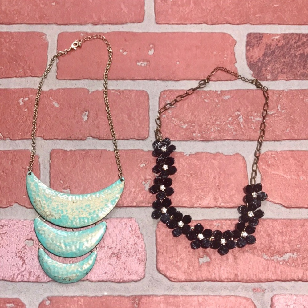 Teal & black floral statement necklace bundle